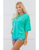 Mint Green Solid Color Half Sleeve Buttons Henley Top - S