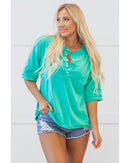 Mint Green Solid Color Half Sleeve Buttons Henley Top - S