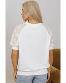 White Lace Crochet Short Sleeve Round Neck T Shirt - L