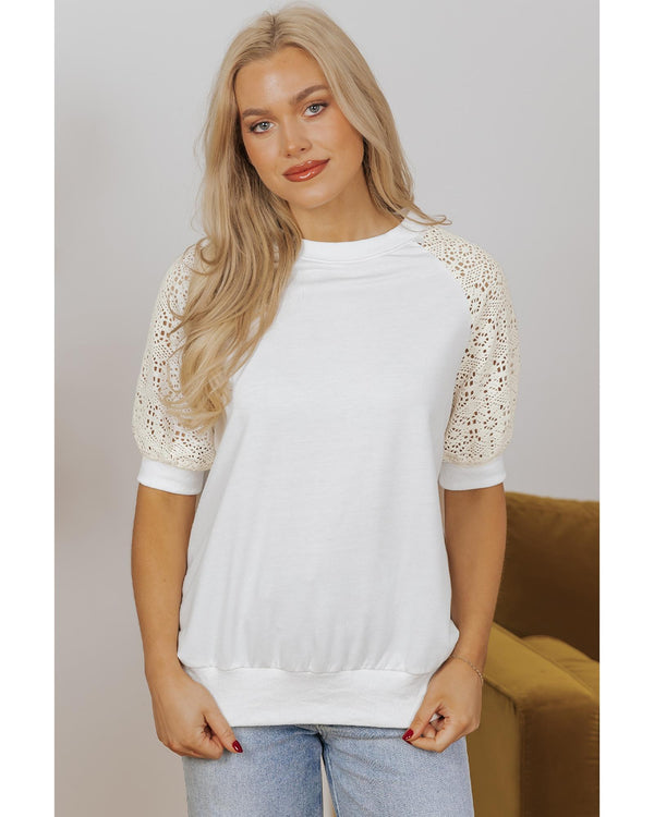 White Lace Crochet Short Sleeve Round Neck T Shirt - M