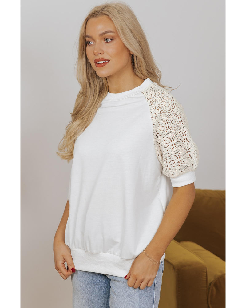 White Lace Crochet Short Sleeve Round Neck T Shirt - M