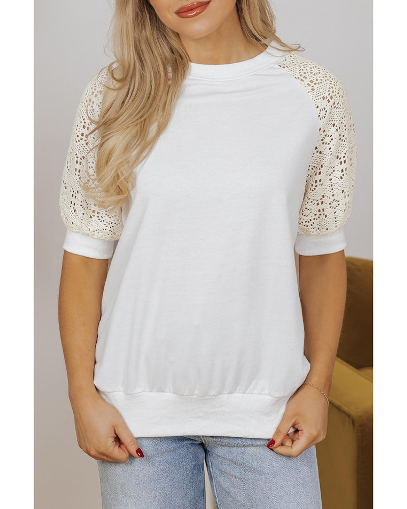 White Lace Crochet Short Sleeve Round Neck T Shirt - M