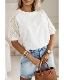 White Lace Crochet Short Sleeve Round Neck T Shirt - M