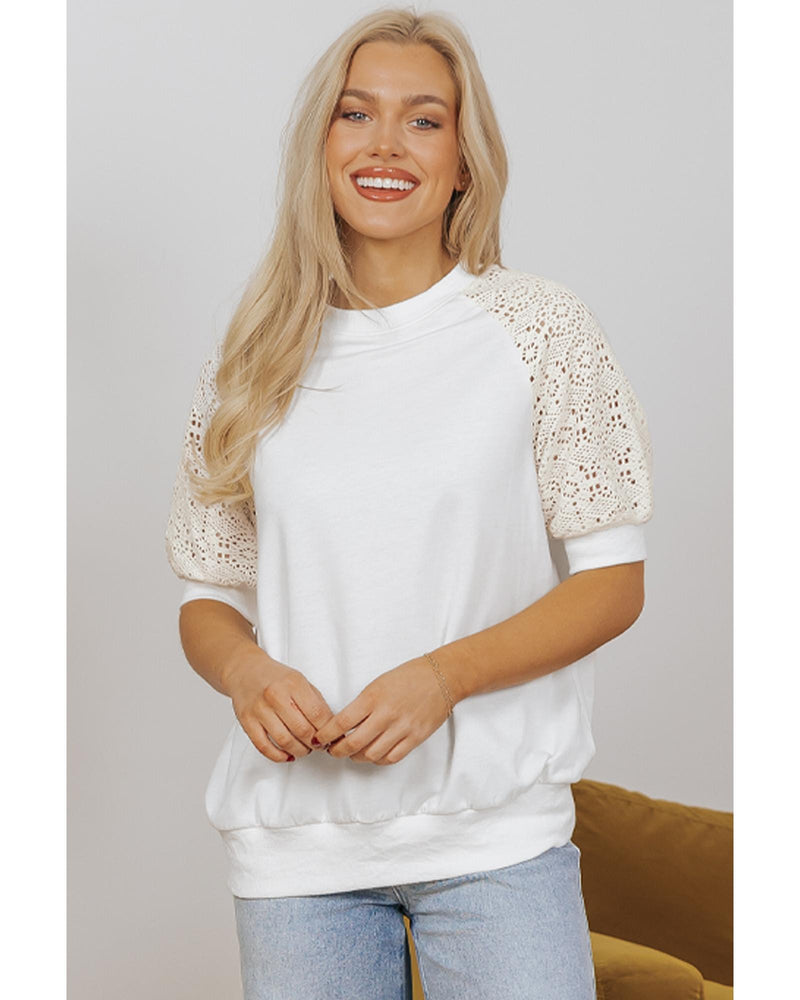 White Lace Crochet Short Sleeve Round Neck T Shirt - S