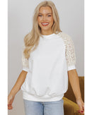 White Lace Crochet Short Sleeve Round Neck T Shirt - XL