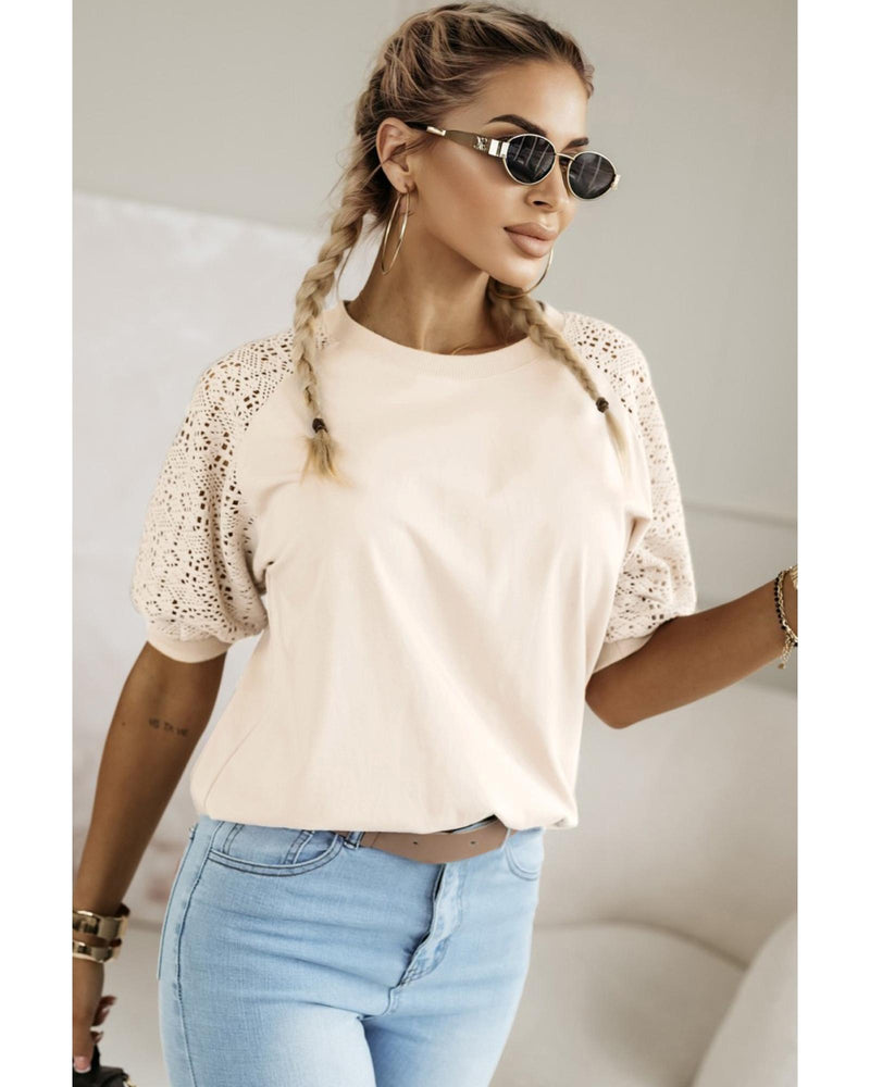 Jet Stream Lace Crochet Short Sleeve Round Neck T Shirt - M