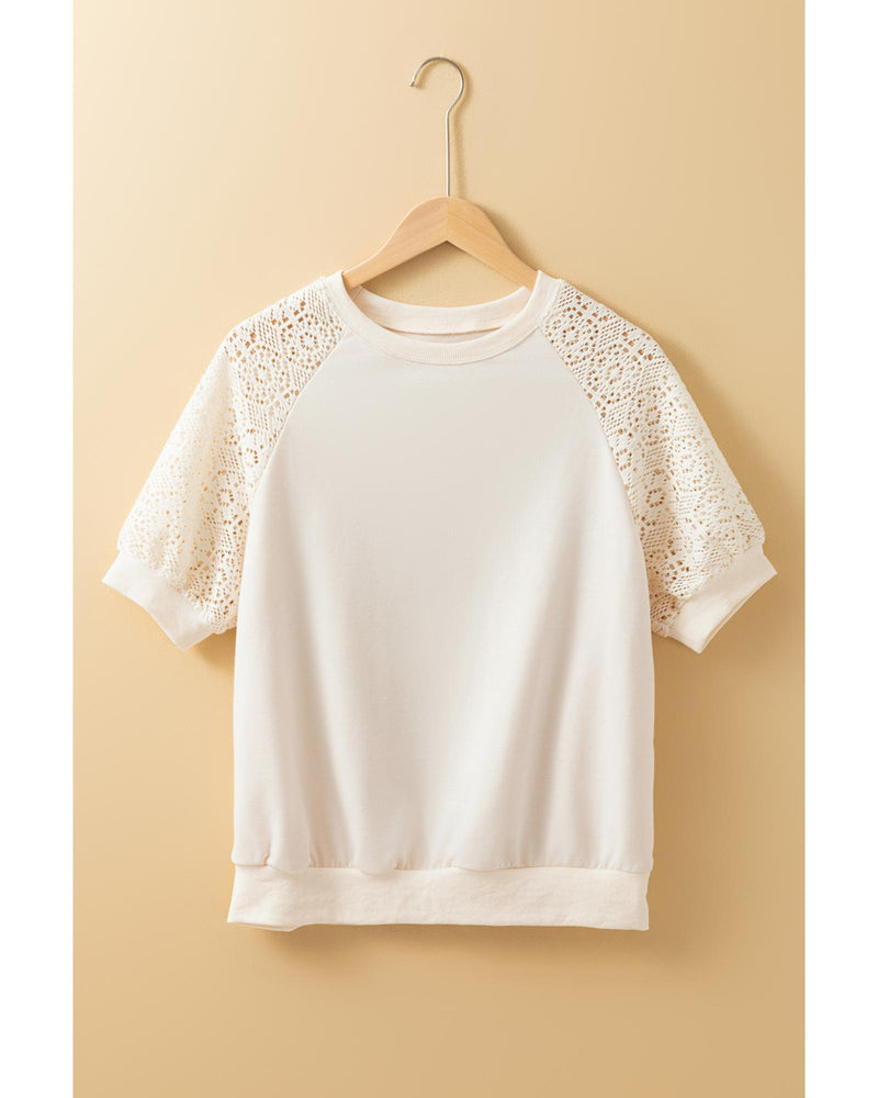 Jet Stream Lace Crochet Short Sleeve Round Neck T Shirt - M