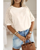 Jet Stream Lace Crochet Short Sleeve Round Neck T Shirt - S