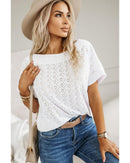 White Eyelet Pattern Boat Neck Casual Tee - L