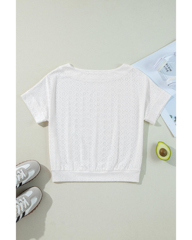 White Eyelet Pattern Boat Neck Casual Tee - L