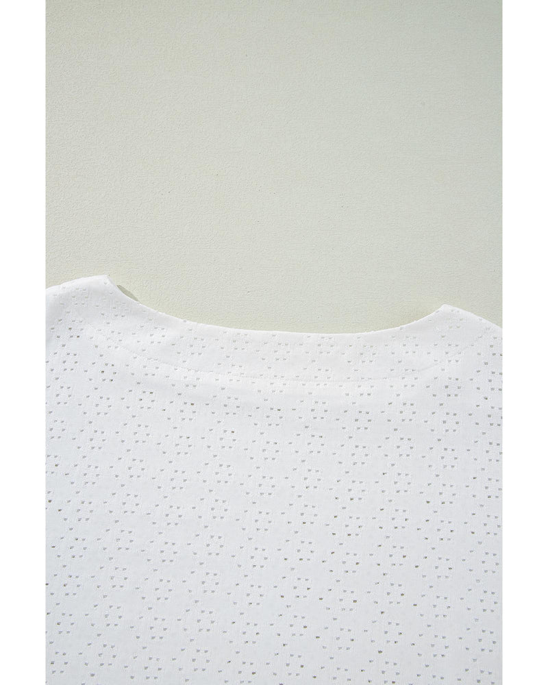 White Eyelet Pattern Boat Neck Casual Tee - L