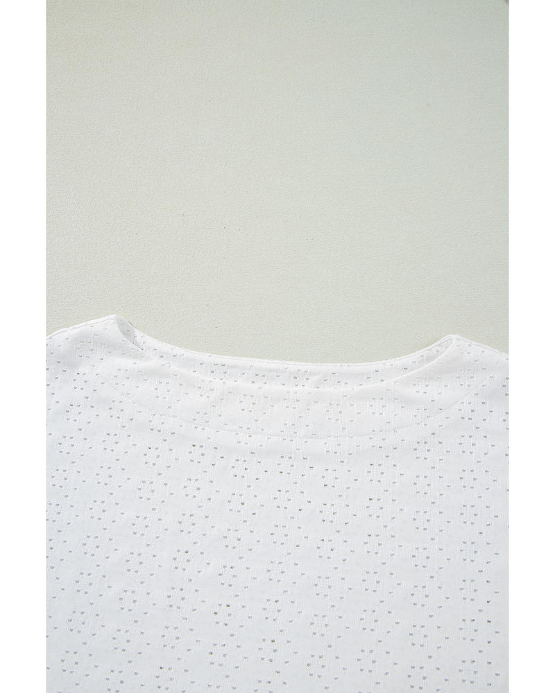 White Eyelet Pattern Boat Neck Casual Tee - L