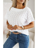 White Eyelet Pattern Boat Neck Casual Tee - M