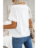 White Eyelet Pattern Boat Neck Casual Tee - M