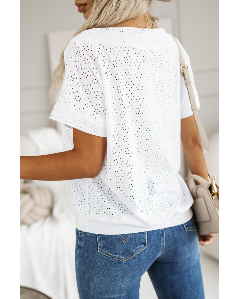 White Eyelet Pattern Boat Neck Casual Tee - M