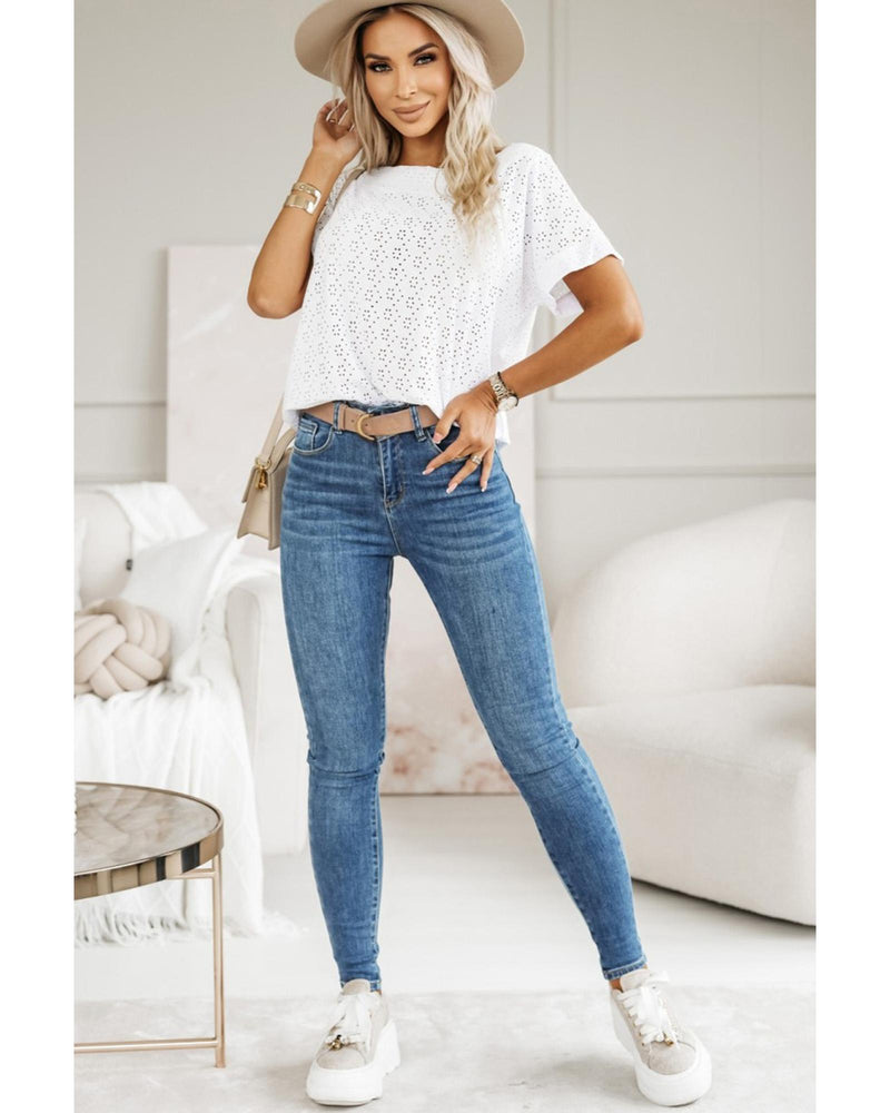 White Eyelet Pattern Boat Neck Casual Tee - M