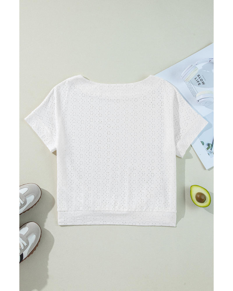 White Eyelet Pattern Boat Neck Casual Tee - M