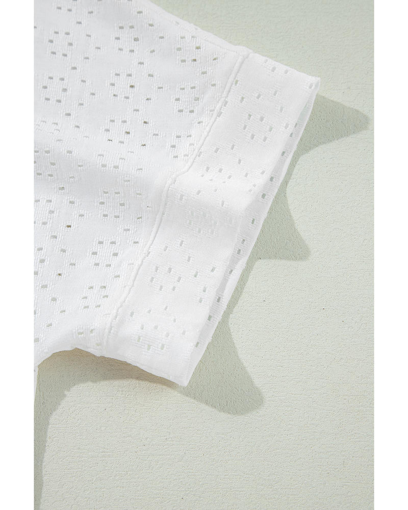 White Eyelet Pattern Boat Neck Casual Tee - M