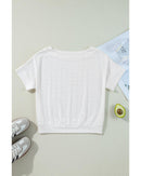White Eyelet Pattern Boat Neck Casual Tee - XL