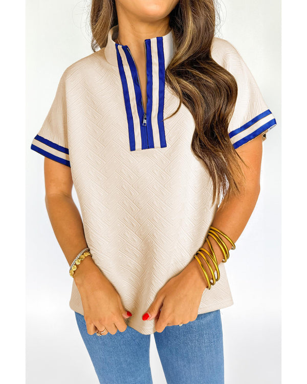 Beige Preppy Striped Trim Textured Quarter Zipper Colorblock Short Sleeve Top - M
