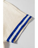 Beige Preppy Striped Trim Textured Quarter Zipper Colorblock Short Sleeve Top - M