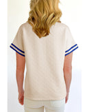 Beige Preppy Striped Trim Textured Quarter Zipper Colorblock Short Sleeve Top - S