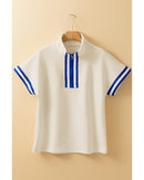 Beige Preppy Striped Trim Textured Quarter Zipper Colorblock Short Sleeve Top - S