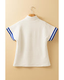 Beige Preppy Striped Trim Textured Quarter Zipper Colorblock Short Sleeve Top - S