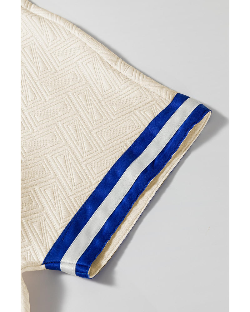 Beige Preppy Striped Trim Textured Quarter Zipper Colorblock Short Sleeve Top - S