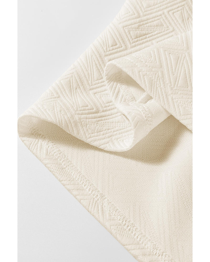 Beige Preppy Striped Trim Textured Quarter Zipper Colorblock Short Sleeve Top - S