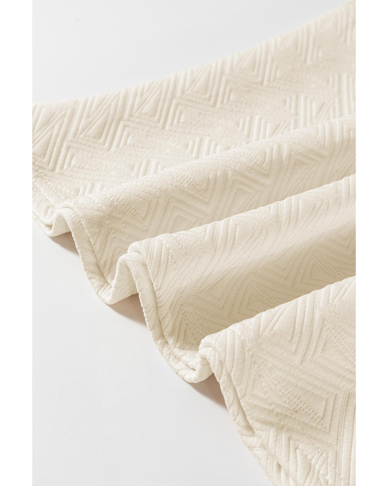 Beige Preppy Striped Trim Textured Quarter Zipper Colorblock Short Sleeve Top - S