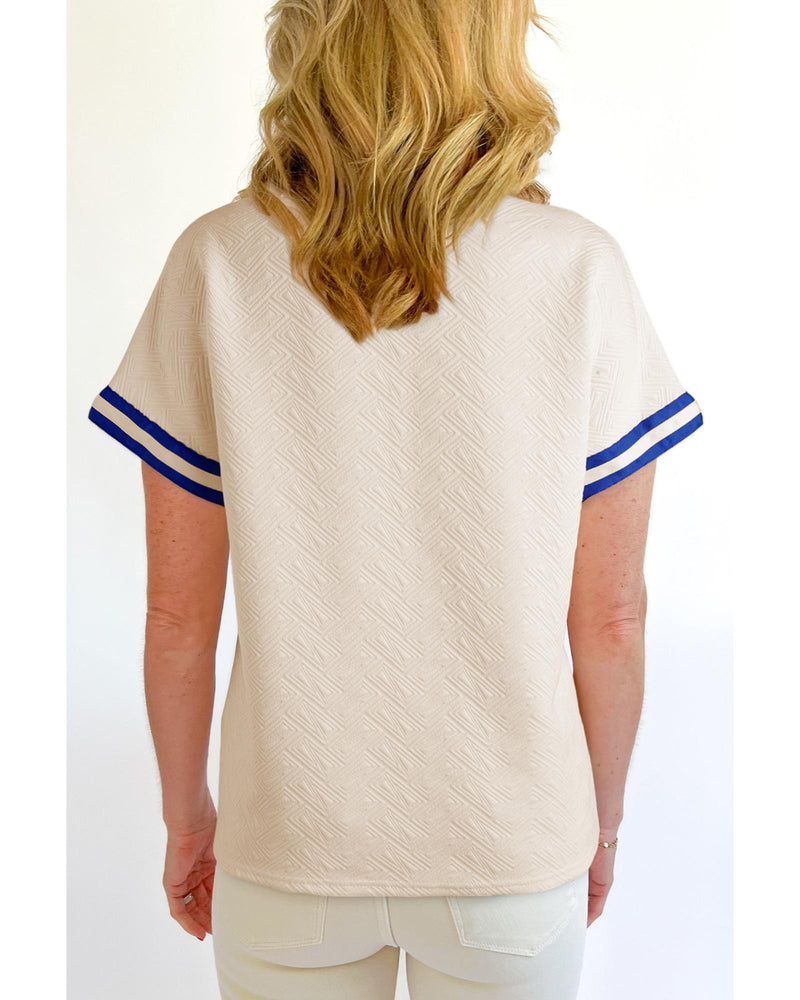 Beige Preppy Striped Trim Textured Quarter Zipper Colorblock Short Sleeve Top - XL