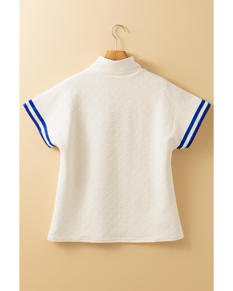 Beige Preppy Striped Trim Textured Quarter Zipper Colorblock Short Sleeve Top - XL