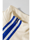 Beige Preppy Striped Trim Textured Quarter Zipper Colorblock Short Sleeve Top - XL