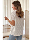 White Geometric Embroidered Slim Fit O Neck T Shirt - L
