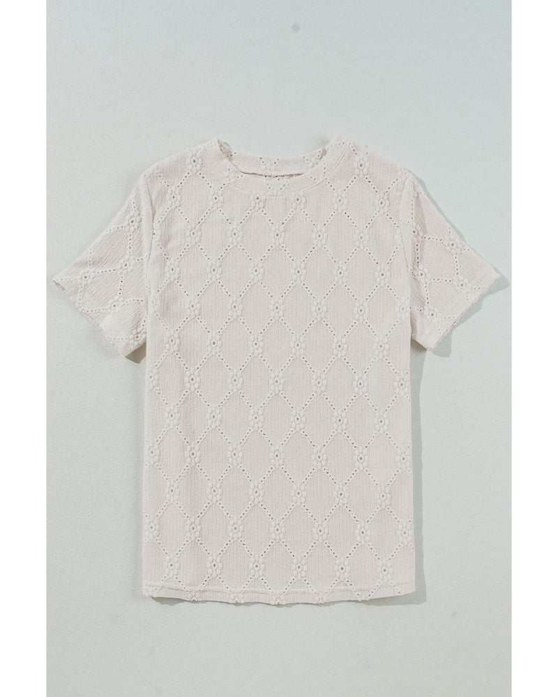 White Geometric Embroidered Slim Fit O Neck T Shirt - L
