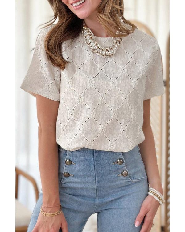 White Geometric Embroidered Slim Fit O Neck T Shirt - M