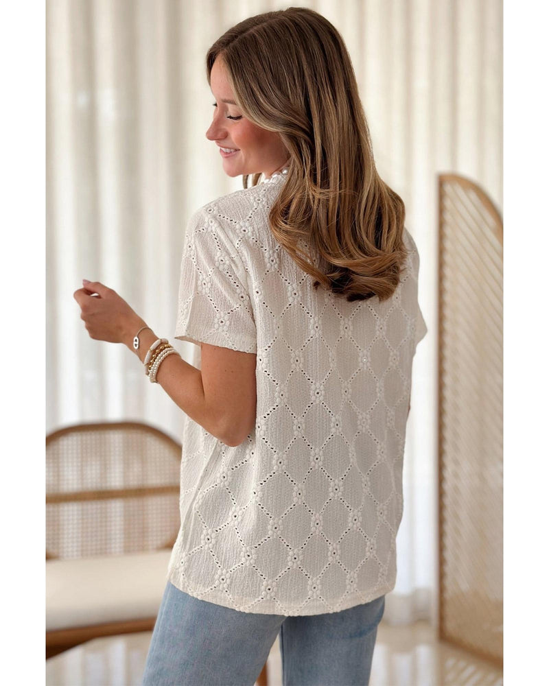 White Geometric Embroidered Slim Fit O Neck T Shirt - M
