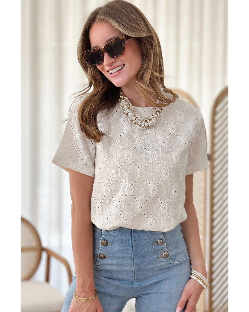 White Geometric Embroidered Slim Fit O Neck T Shirt - M
