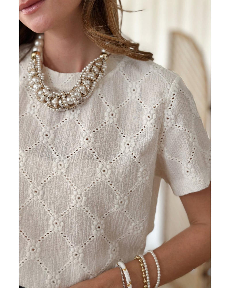 White Geometric Embroidered Slim Fit O Neck T Shirt - M