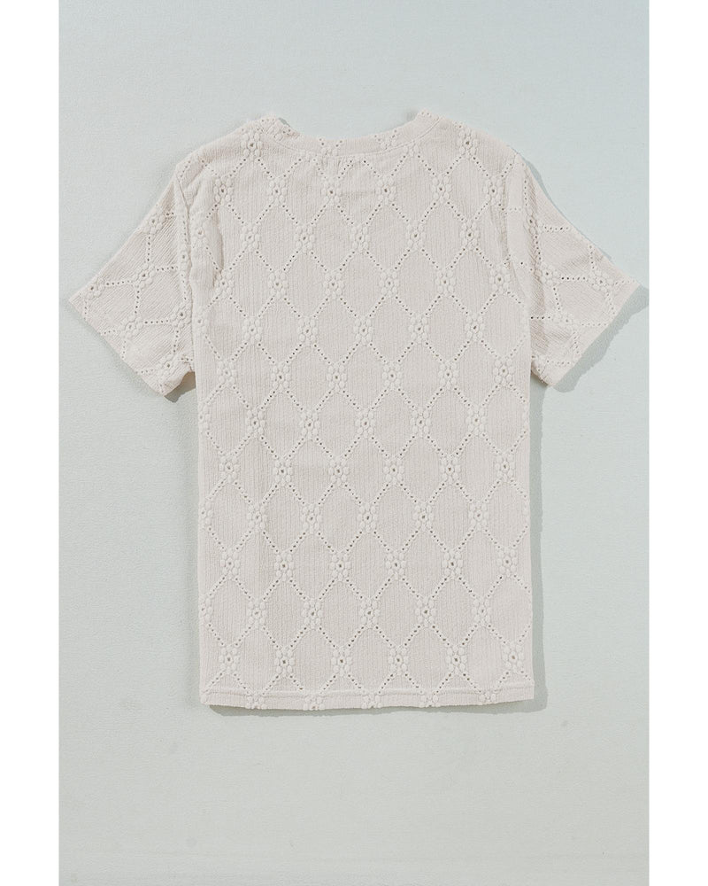 White Geometric Embroidered Slim Fit O Neck T Shirt - M