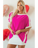 Rose Red Oversized Color Block Boat Neck Tunic Blouse - L