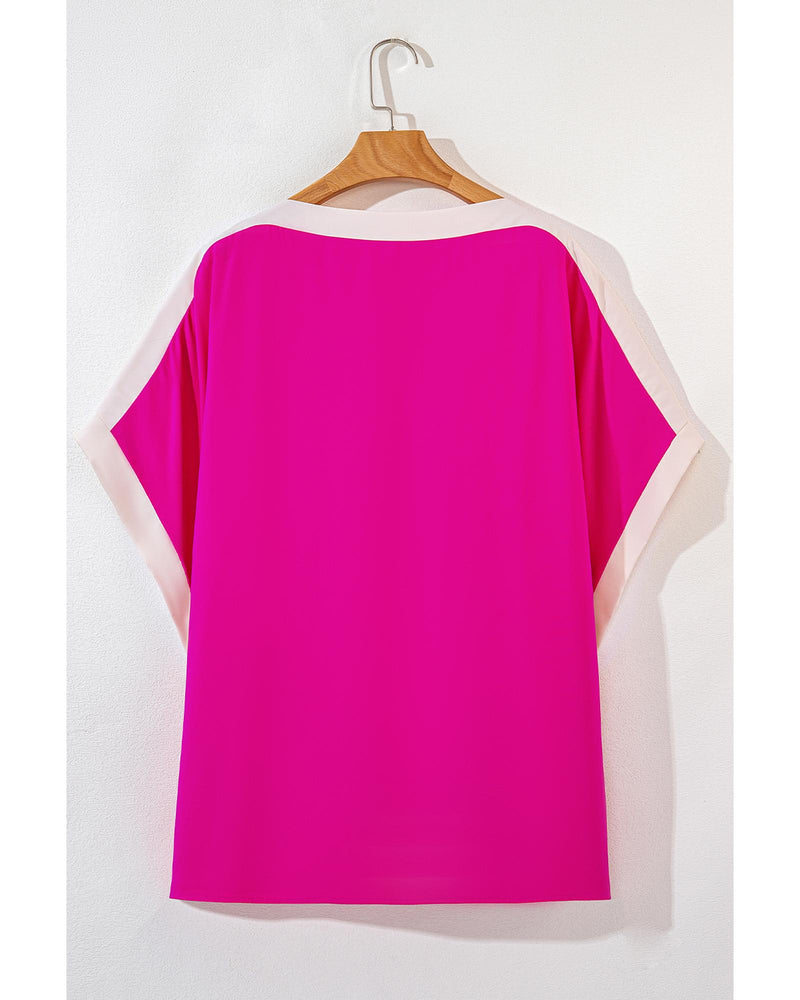 Rose Red Oversized Color Block Boat Neck Tunic Blouse - L