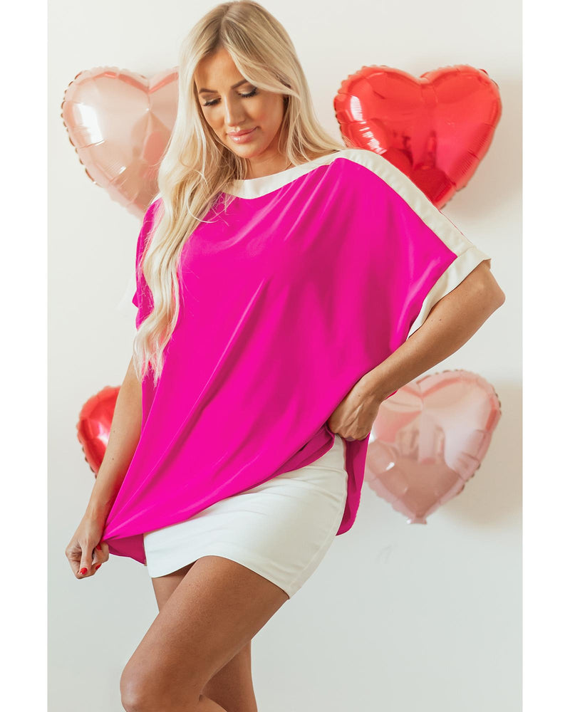 Rose Red Oversized Color Block Boat Neck Tunic Blouse - L