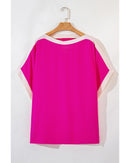 Rose Red Oversized Color Block Boat Neck Tunic Blouse - M