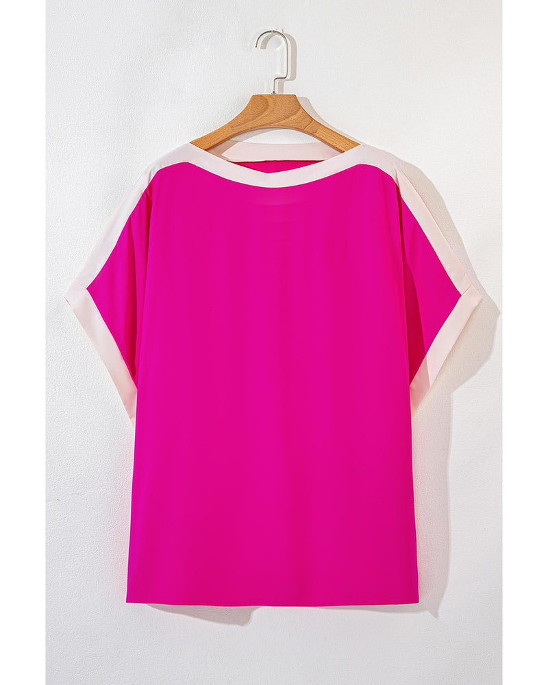 Rose Red Oversized Color Block Boat Neck Tunic Blouse - M