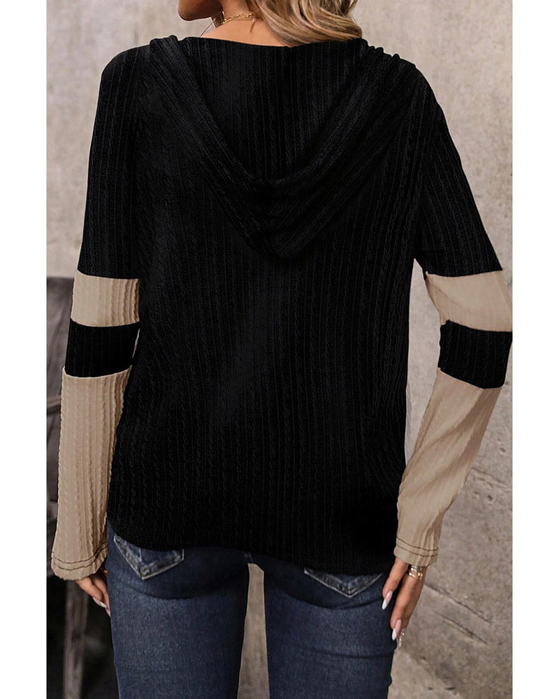 Parchment Textured Colorblock Long Sleeve Quarter Zip Drawstring Hooded Top - L