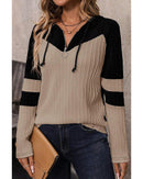 Parchment Textured Colorblock Long Sleeve Quarter Zip Drawstring Hooded Top - L