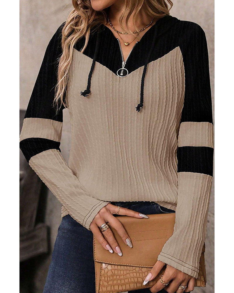 Parchment Textured Colorblock Long Sleeve Quarter Zip Drawstring Hooded Top - L