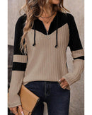 Parchment Textured Colorblock Long Sleeve Quarter Zip Drawstring Hooded Top - L